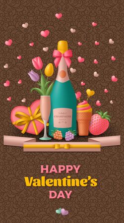 Happy Valentine Day background with champagne, gift, flowers and berries. Greeting card and Love template. Vector illustration.のイラスト素材