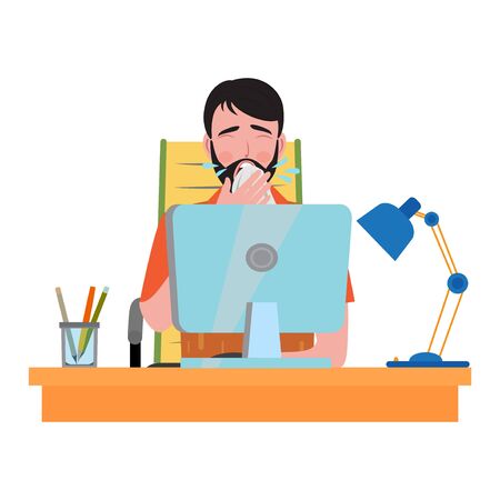 A man is sick, sneezes and spreads germs in the workplace. Concept of corona virus quarantine. Vector illustration.のイラスト素材