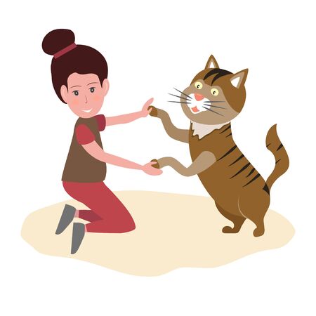 Girl playing with cat. Best friends ever. Pet owner kid. Big love between cat and its owner kid. Vector illustrationのイラスト素材