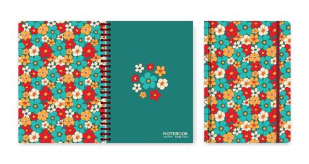 Cover design for notebooks or scrapbooks with vintage floral pattern. Psychedelic or hippie style backgrounds. Abstract flowers and groovy colors. Vector illustration.のイラスト素材