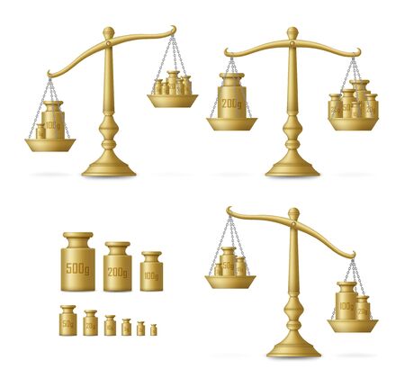 Realistic golden scales set with different balances. Vector illustration.のイラスト素材