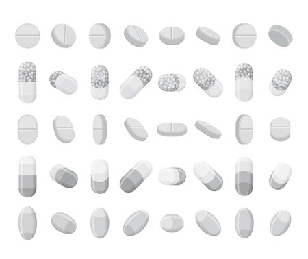 Set of realistic pills, tablets and capsules. 3D isometric flat drugs. Vector mockup isolated on white background.のイラスト素材