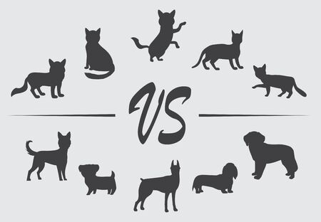 Black silhouette set of different breeds of dogs and cats on transparent background isolatedのイラスト素材