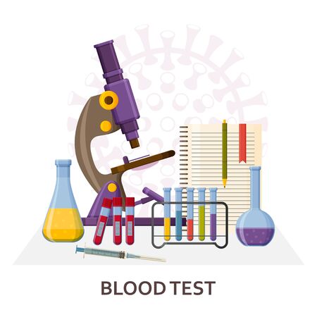 Blood test Covid-19. PCR testing. Virology research concept. Laboratory equipment such as microscope and flasksのイラスト素材
