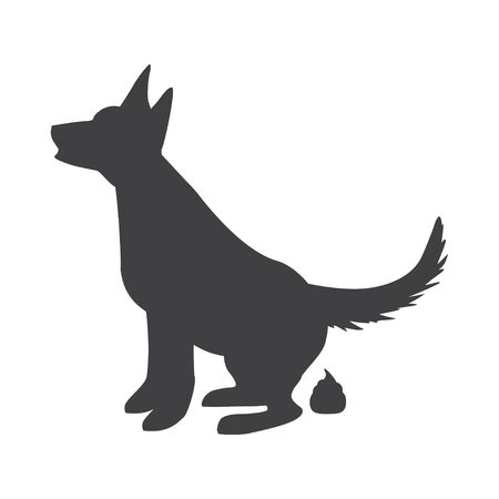 Poop dog silhouette. Dog pooping vector sign for warning symbol, black dogs poo illustration isolated on whiteのイラスト素材