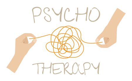 Psychology, human brain, psychoanalysis and psychotherapy, relationship and gender problems, personality and individuality, cerebral neurology, mental health. Psychotherapy concept illustration with hands untangling messy snarl knotのイラスト素材