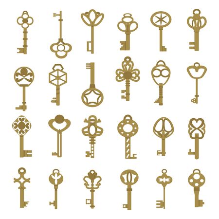 Vintage antique key collection in golden color isolated on white backgroundのイラスト素材