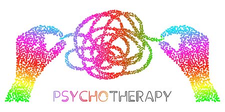 Psychology, human brain, psychoanalysis and psychotherapy, relationship and gender problems, personality and individuality, cerebral neurology, mental health. vector illustration with particle divergent colored human hands on white backgroundのイラスト素材