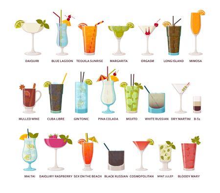 Cocktails collection. Classic and tropical alcoholic drinks, long drinking and shots. Vector illustration.のイラスト素材