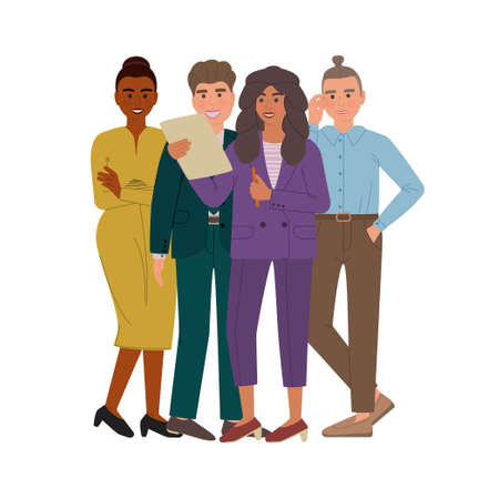 Group of business men and women in suits and office style cloth. A woman makes a presentation and discussing something with her colleagues. Vector illustration of cartoon characters isolated on white background.のイラスト素材