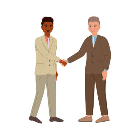 Two businessmen in suits shaking hands make deal. Vector illustration of cartoon characters isolated on white background.のイラスト素材
