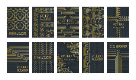 Retro abstract posters set. Backgrounds with golden round geometric shapes and stripes. Vector...