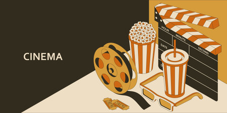 Cinema isometric concept with popcorn, drink, clapperboard, 3d glasses and filmstrip