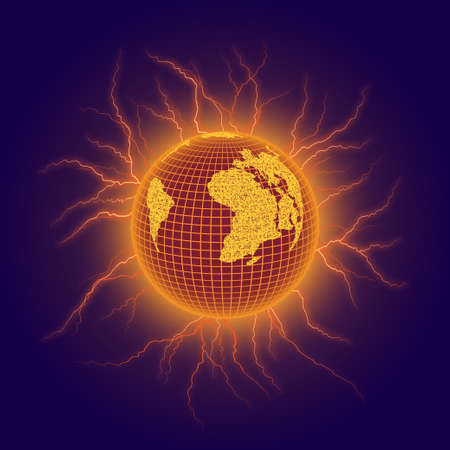 Earth apocalypse in the fire lightnings. Vector illustrationのイラスト素材