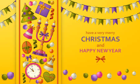 Merry Christmas background and Happy New Year with balls, gift boxes and alarm clock. Fir and candelabrum. Greeting card and Xmas template. Five minutes to midnight. Vector illustration.のイラスト素材