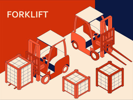 Isometric forklift for raising and transporting goods. Working transport. Vector illustrationのイラスト素材