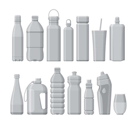 Set of different sport and plastic water bottles isolated on white. Vector illustrationのイラスト素材