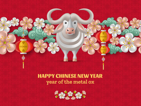 Happy Chinese New Year background with creative white metal ox, sakura branches with flowers and hanging lanterns. Red colored template. Vector illustrationのイラスト素材