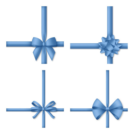 Decorative blue bow with ribbons. Gift box wrapping and holiday decorationのイラスト素材