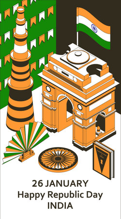 26th of January India Republic Day. Greeting card in isometric style with Indian Gates. Vector illustration.のイラスト素材