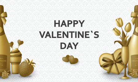 Happy Valentine Day background with champagne, gift, flowers and berries. Greeting card and Love templateのイラスト素材