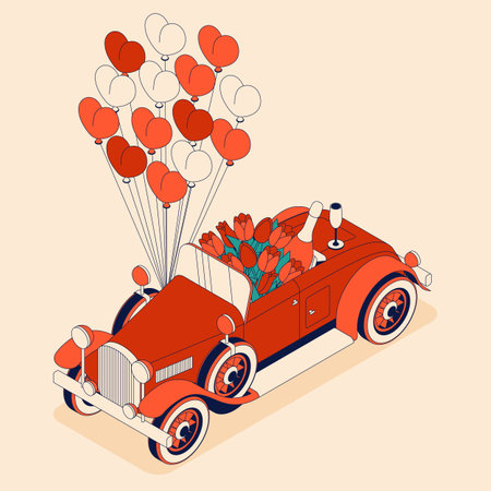 Retro car convertible with big bouquet of tulips, champagne and heart balloons. Vintage car from 30s in red color. Greeting card for a holiday like birthday, Valentines Day, Womens Day. Vector illustrationのイラスト素材