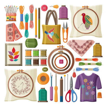 Set of embroidery products and tools isolated on white background. Embroidery hoops, threads and...