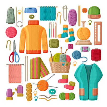 Set of woolen knitted clothes and knitting tools isolated on white background. Yarn buttons, hook and scissors, jumper, sock and mittensのイラスト素材