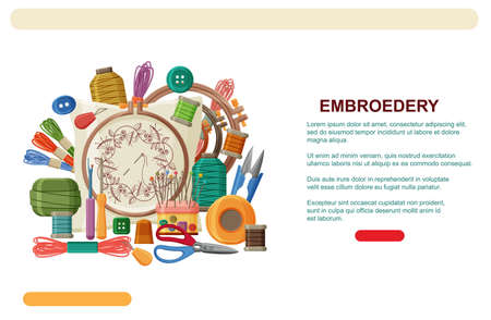 Embroidery hoops, threads and needles. Embroidery web banner template or landing page.のイラスト素材