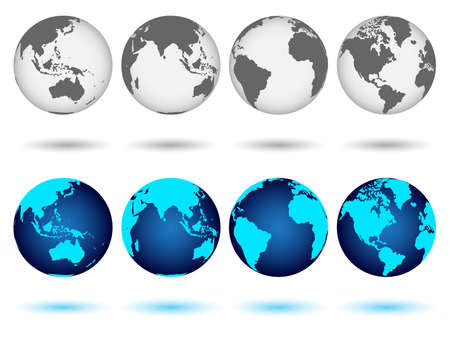 Set of globes of Earth in blue and monochrome colors. Realistic world map in globe shape with shadow. Vector illustrationのイラスト素材