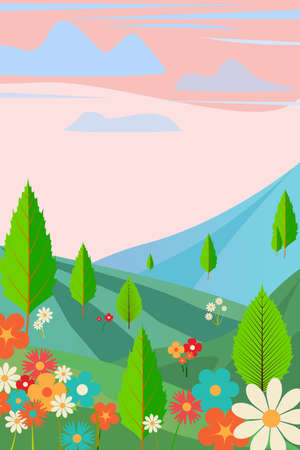 Spring background, Beautiful forest scene with flowers and woods , place for your textのイラスト素材