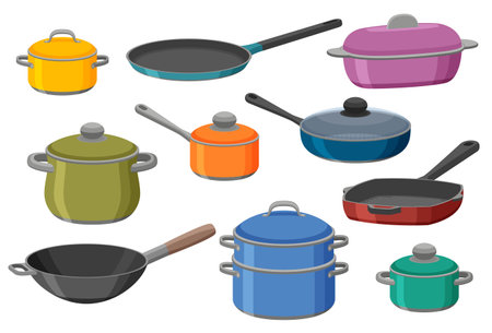 Kitchen utensils colorful isometric icons set. Vector illustration.のイラスト素材