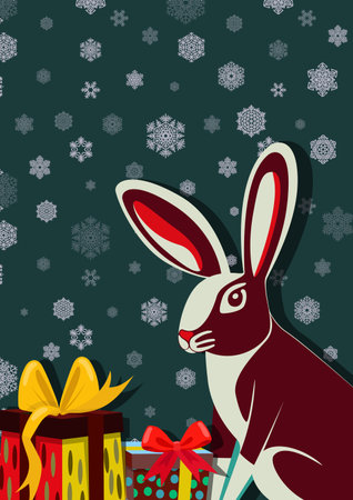 Cute Christmas background with bunny and gifts. Vector illustrationのイラスト素材