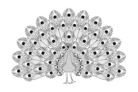 Ornamental peacock. Beautiful bird with feathers isolated on white backgroundのイラスト素材