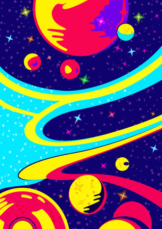 Outer space background. Cosmos scenes with planets, stars, comets. Vector illustration of galaxy.のイラスト素材