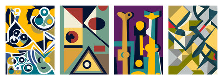 Set of creative geometric cards. Abstract geometry grid patternsのイラスト素材