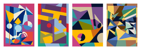 Set of creative geometric cards. Abstract geometry grid patternsのイラスト素材