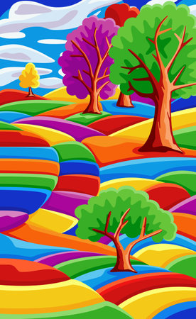 Background with beautiful landscape with trees, mountains, hills, bright color blue sky with clouds. Vector illustration in flat cartoon style.のイラスト素材