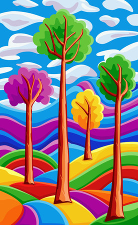 Background with beautiful landscape with trees, mountains, hills, bright color blue sky with clouds. Vector illustration in flat cartoon style.のイラスト素材