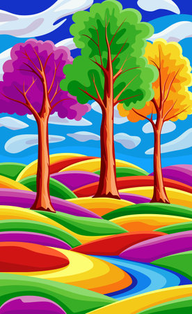 Background with beautiful landscape with trees, mountains, river and hills, bright color blue sky with clouds. Vector illustration in flat cartoon style.のイラスト素材