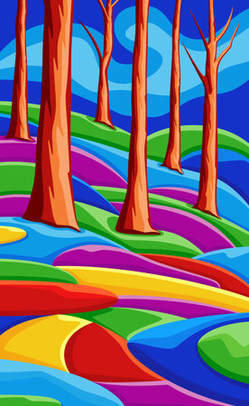 Background with beautiful landscape with trees, mountains and hills, bright color blue sky with clouds. Vector illustration in flat cartoon style.のイラスト素材