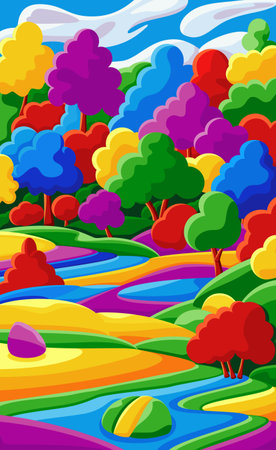 Background with beautiful landscape with trees, river and hills, bright color blue sky with clouds. Vector illustration in flat cartoon style.のイラスト素材