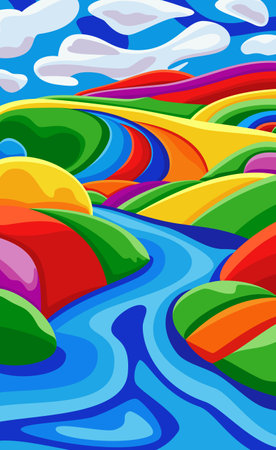 Background with beautiful landscape with mountains, river and hills, bright color blue sky with clouds. Vector illustration in flat cartoon style.のイラスト素材