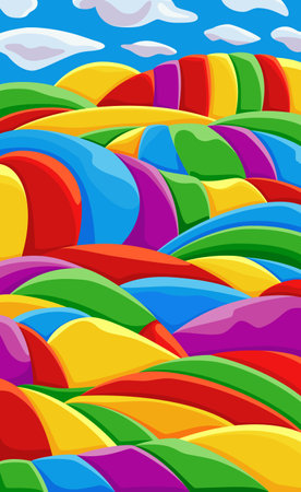 Background with beautiful landscape with mountains and hills, bright color blue sky with clouds. Vector illustration in flat cartoon style.のイラスト素材