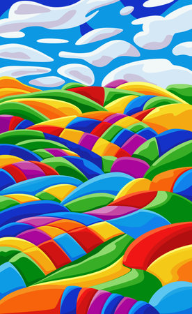 Background with beautiful landscape with mountains and hills, bright color blue sky with clouds. Vector illustration in flat cartoon style.のイラスト素材