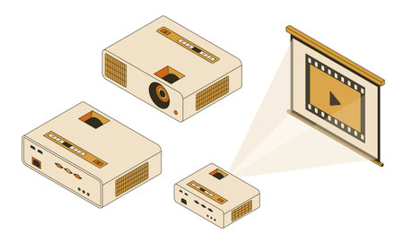 Various models of projectors showcasing projected content on a screen in modern settingのイラスト素材