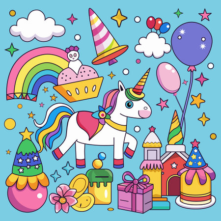Colorful unicorn surrounded by festive decorations, cupcakes, and balloons in a whimsical celebration atmosphereのイラスト素材