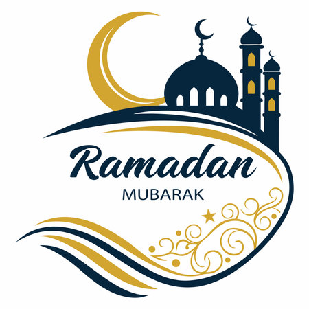 Ramadan greetings featuring a crescent moon, mosque, and elegant design elements in a culturally inspired styleのイラスト素材