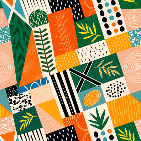 This design showcases an array of colorful geometric patterns, combining shapes, textures, and botanical illustrations in a lively and artistic layout.のイラスト素材
