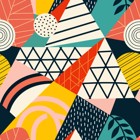 Bold geometric shapes and vibrant colors combine to create a dynamic visual experience. Intricate patterns of circles, triangles, and lines are artistically arranged, showcasing creativity.のイラスト素材